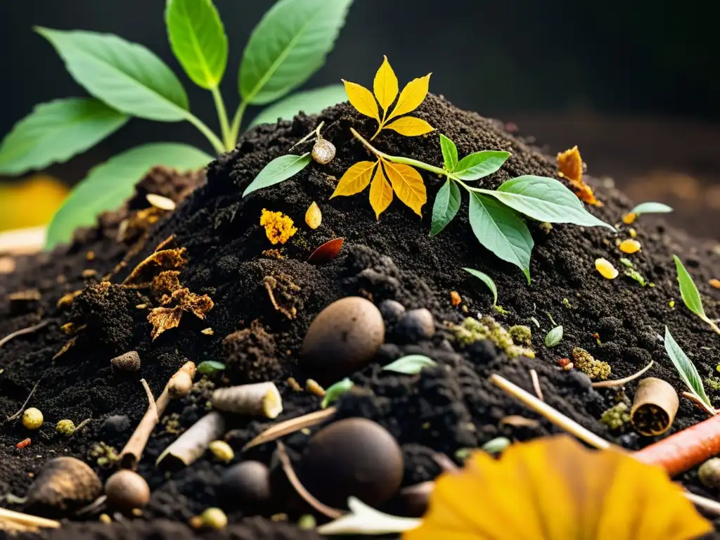 Transformación natural: Compostaje orgánico en detalle Detallada imagen de un montón de compost, mostrando capas de residuos orgánicos descompuestos