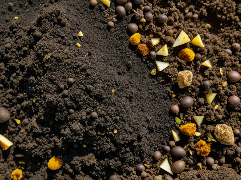 Detallada imagen de partículas de compost orgánico en un patrón geométrico, resalta la importancia del tamaño de las partículas en el compostaje