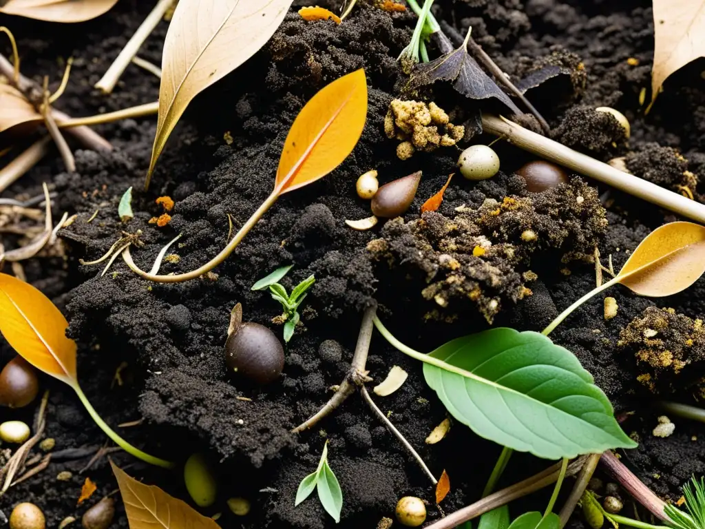 Detallada imagen de una pila de compost, equilibrando nitrógeno y carbono en el proceso de compostaje