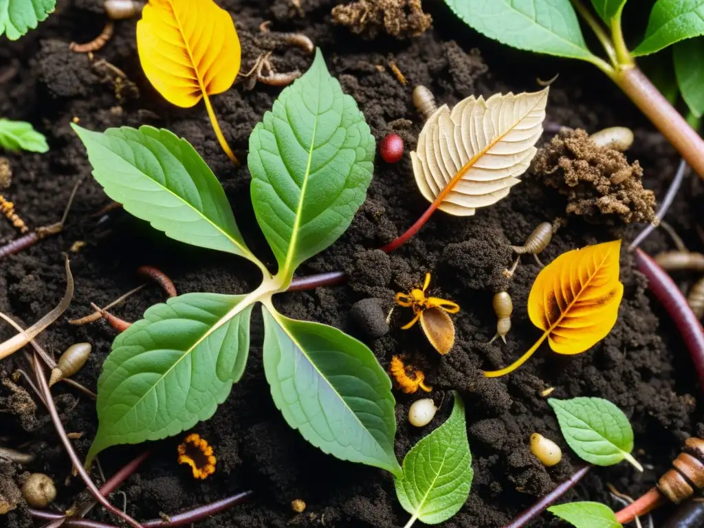 Detallada imagen de una pila de compost con desechos orgánicos, hojas y tierra en proceso de descomposición