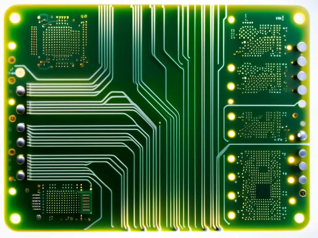 Detallada imagen de una placa de circuito antigua, destacando la red intricada de componentes y cables