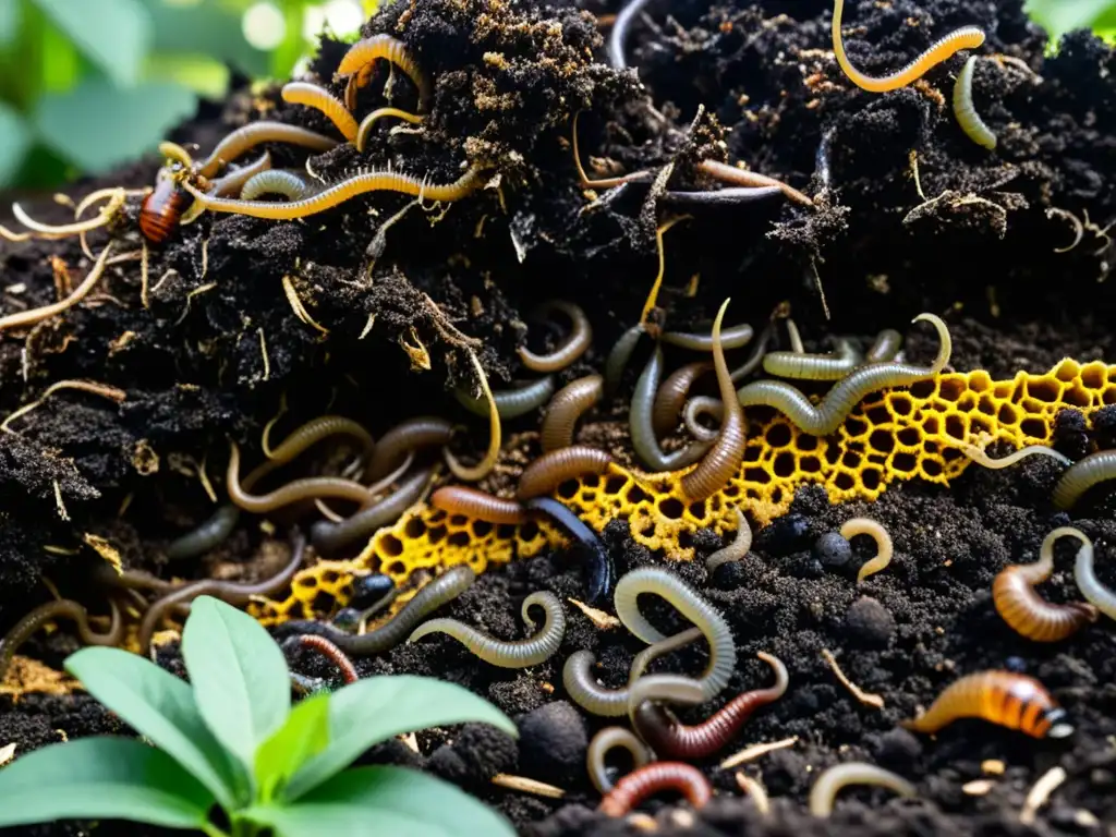 Detallada imagen del proceso de compostaje en un hogar sostenible, resaltando las capas de materia orgánica en descomposición y la vida microscópica