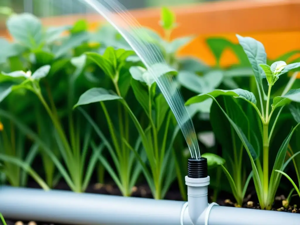 Detallada imagen de un sistema de riego reciclado en un huerto urbano, con tuberías y goteros entre plantas vibrantes