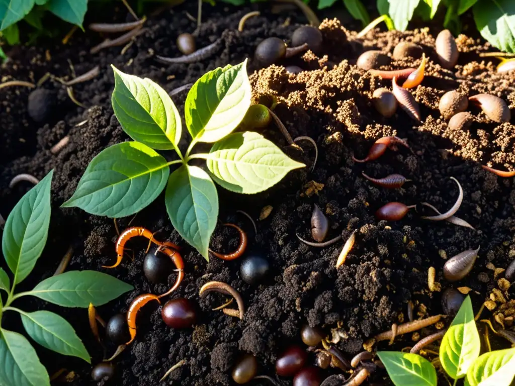 Detallada fotografía de un montón de compost en un jardín, con materiales orgánicos descomponiéndose y lombrices en el suelo oscuro