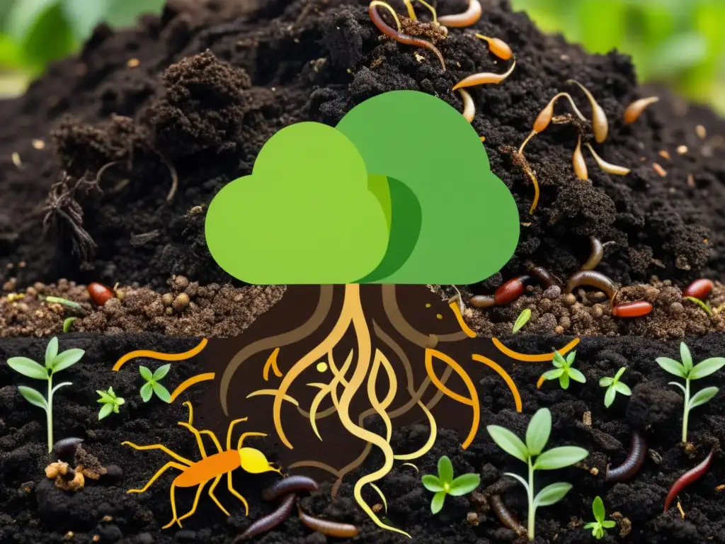 Fotografía detallada de un montón de compost con microorganismos beneficiosos, tierra rica y brotes verdes emergiendo