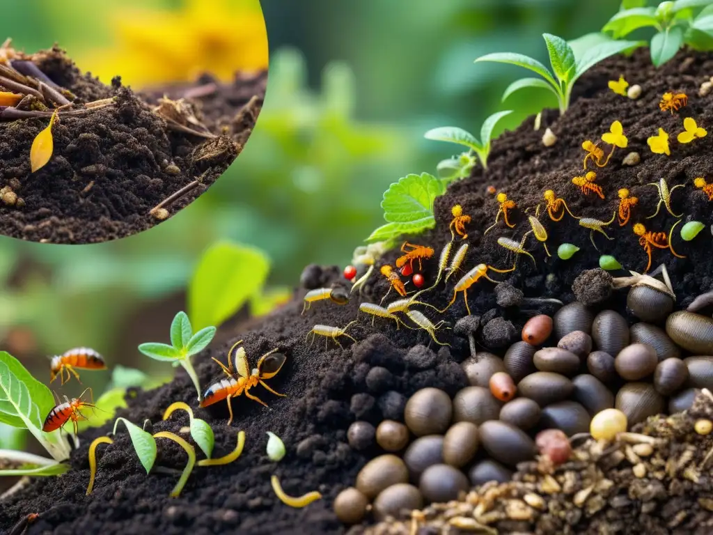 Una fotografía detallada de un montón de compost próspero, mostrando capas de materia orgánica en descomposición rebosante de biodiversidad