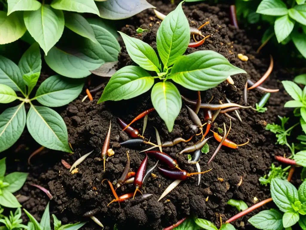 Un detallado y hermoso montón de compostaje casero en un jardín lleno de vida y vitalidad