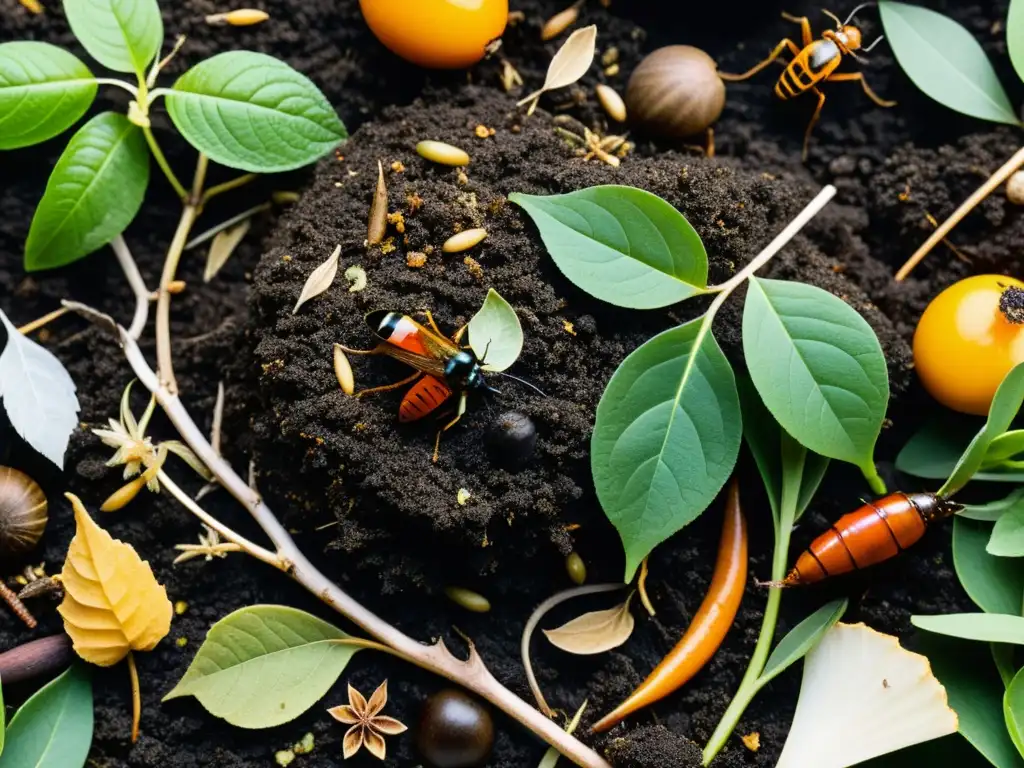 Un detallado y visualmente impactante compostaje, balanceando nitrógeno y carbono para crear un compost rico en nutrientes