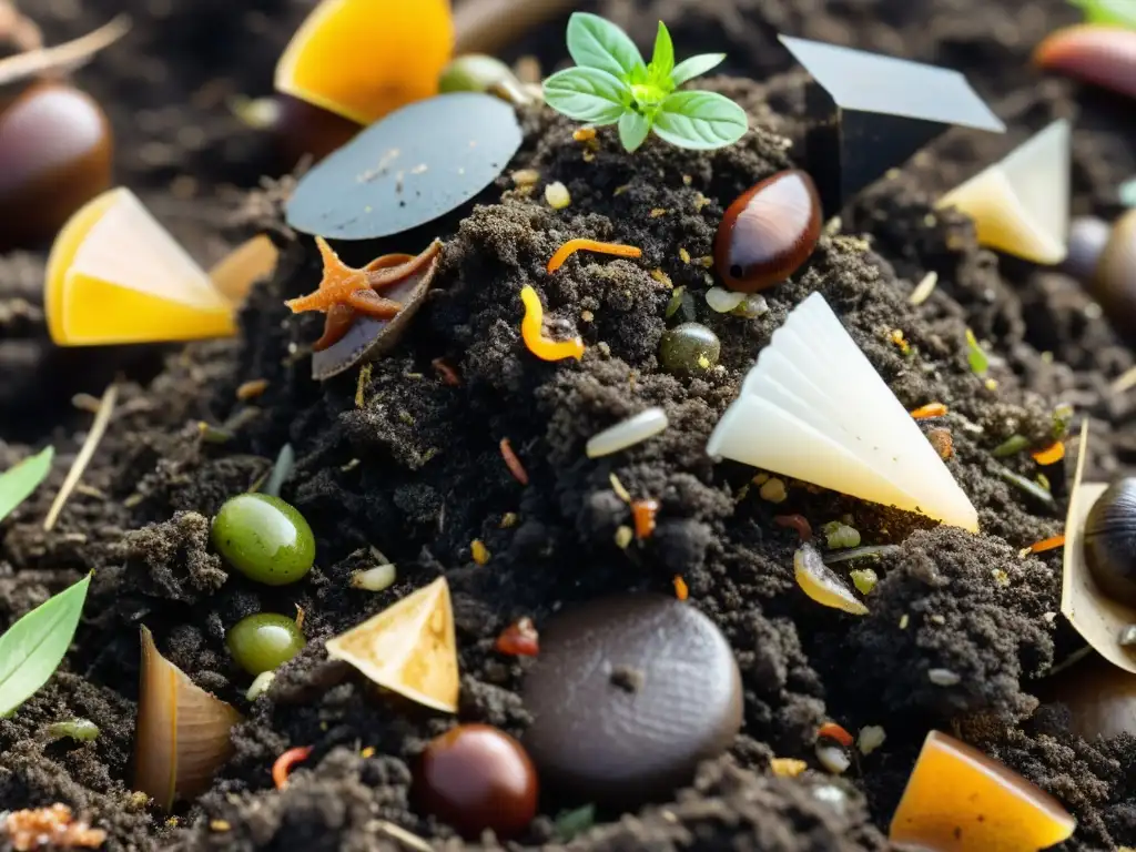 Un detallado montón de compost con microorganismos integrando plásticos biodegradables