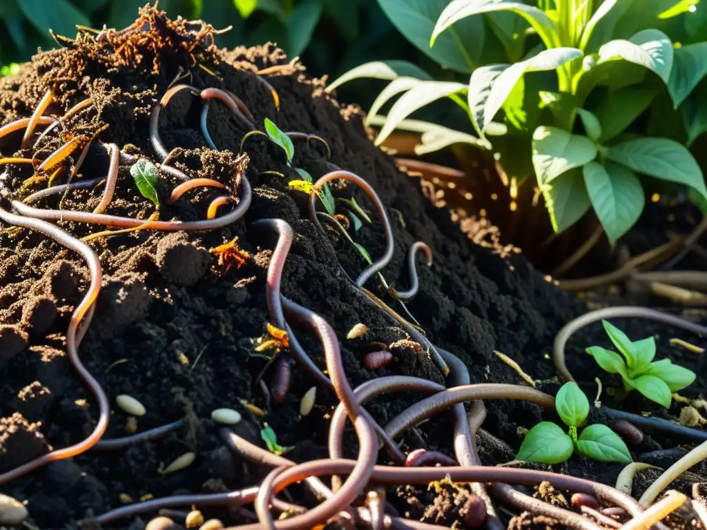 Un detallado montón de compost en un jardín, con tierra oscura llena de lombrices y materia orgánica en descomposición