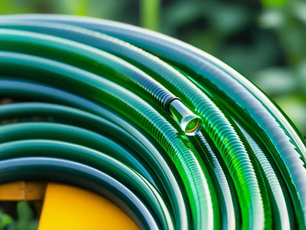 Un detalle en alta resolución de una manguera de jardín transparente y enroscada, con gotas de agua deslizándose