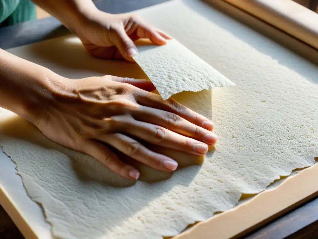 Detalle artesanal de papel reciclado casero, mostrando textura e interacción de luz, en proyecto artístico