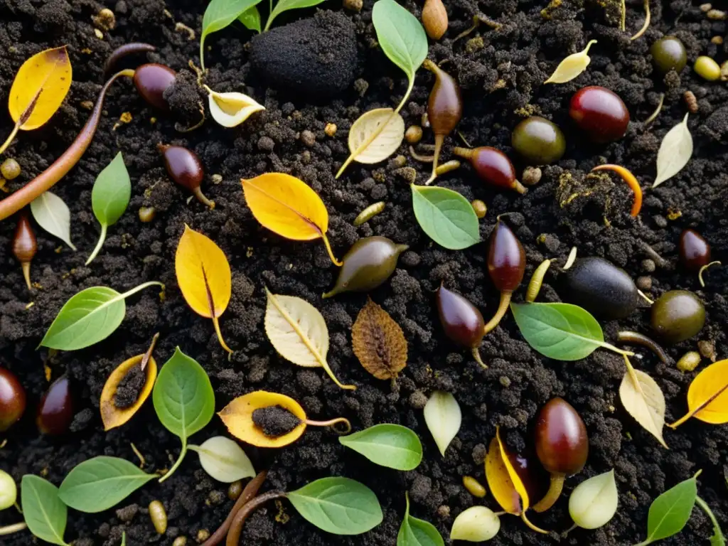 Detalle asombroso de compost rico en minerales, con descomposición orgánica vibrante y vitalidad