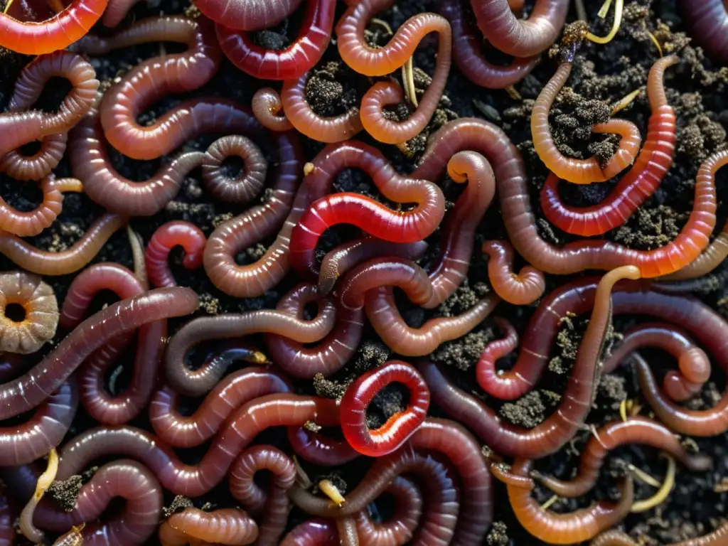 Detalle asombroso de gusanos rojos en vermicompostaje en casa, creando un mundo sostenible y fascinante