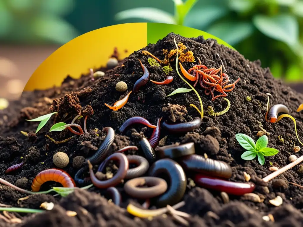 Detalle asombroso de un montón de compost en un hogar, mostrando la biotecnología en compostaje hogar con tierra rica, hojas descompuestas y lombrices contribuyendo activamente al proceso de compostaje