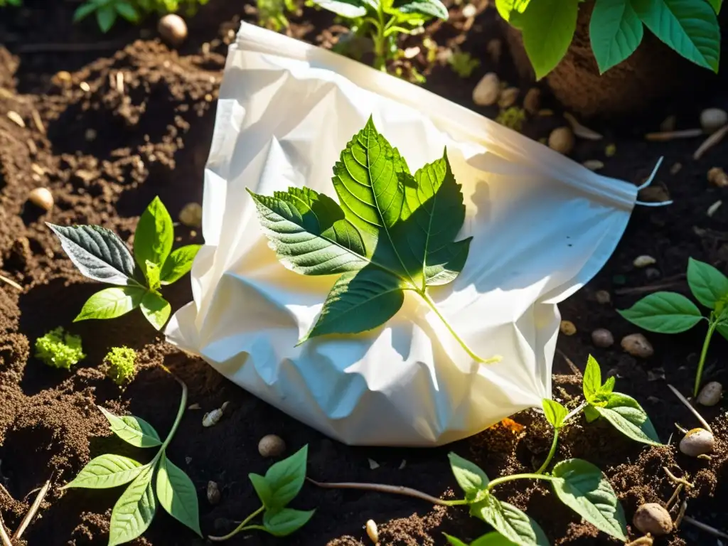 Detalle de bolsa biodegradable descomponiéndose en compostaje, gestión sostenible residuos biodegradables