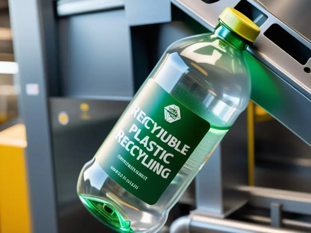 Detalle de botella plástica transparente siendo reciclada por máquina industrial, mostrando el proceso de reciclaje para el mercado productos reciclados perspectivas