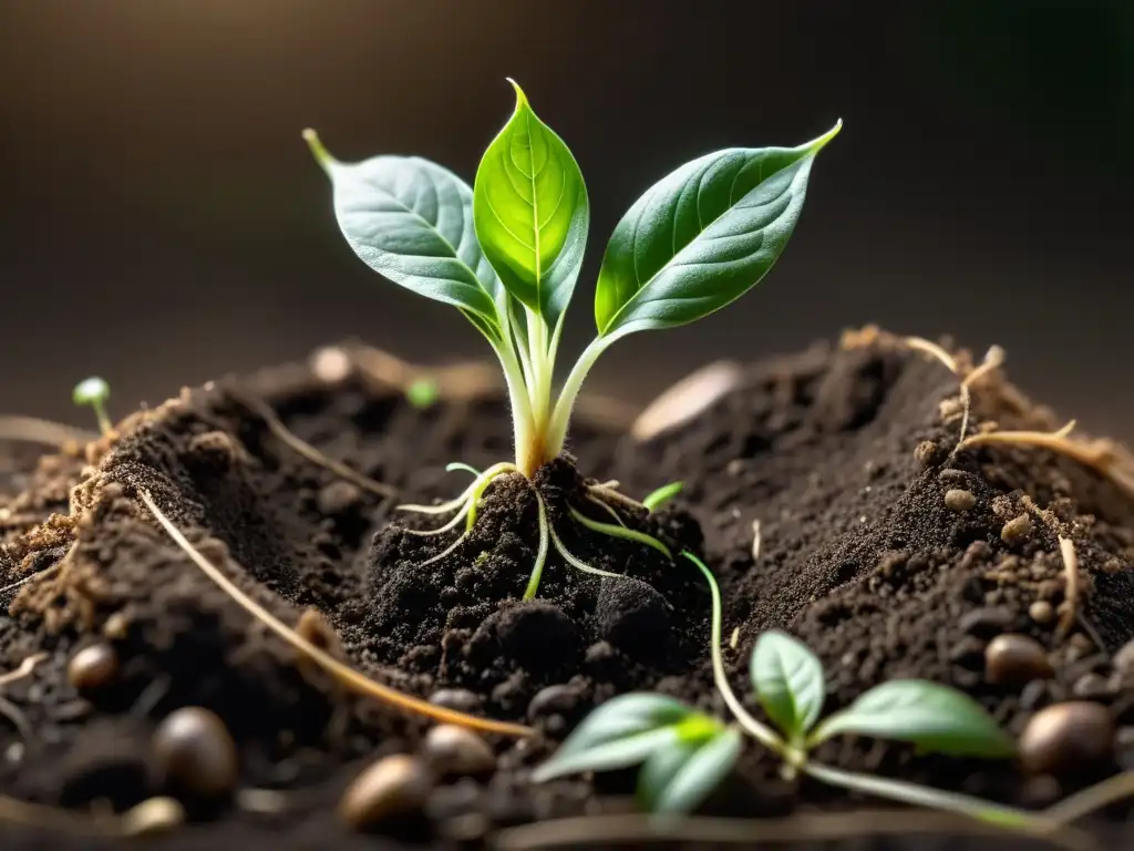 Detalle de un brote verde emergiendo de compost orgánico, resaltando la belleza de la producción de alimentos orgánicos