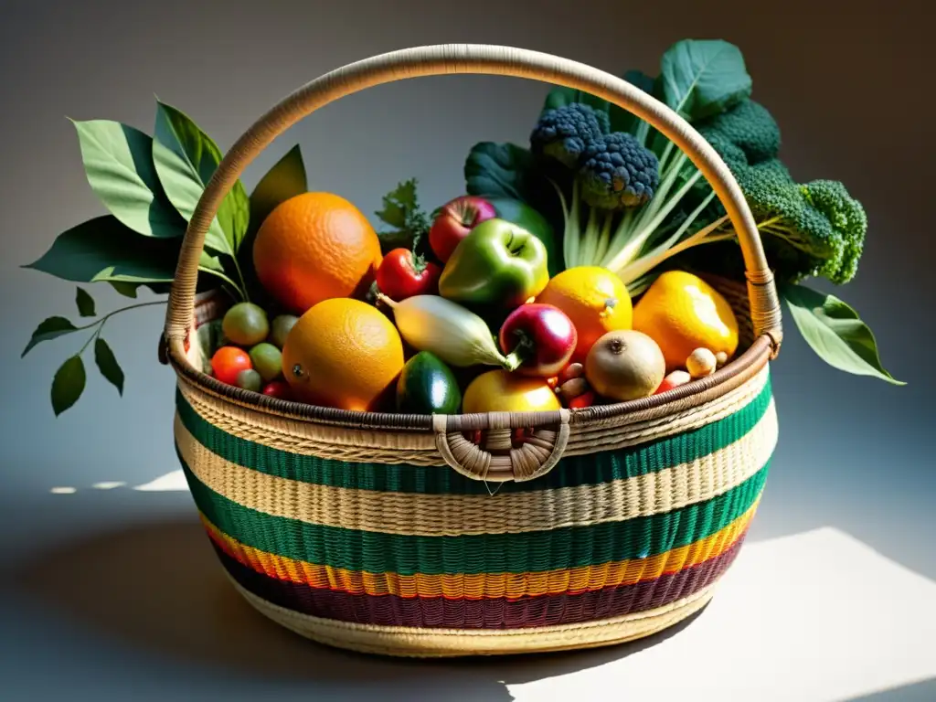 Detalle de cesta de cosecha de materiales reciclados, tejido a mano, repleto de frutas y verduras