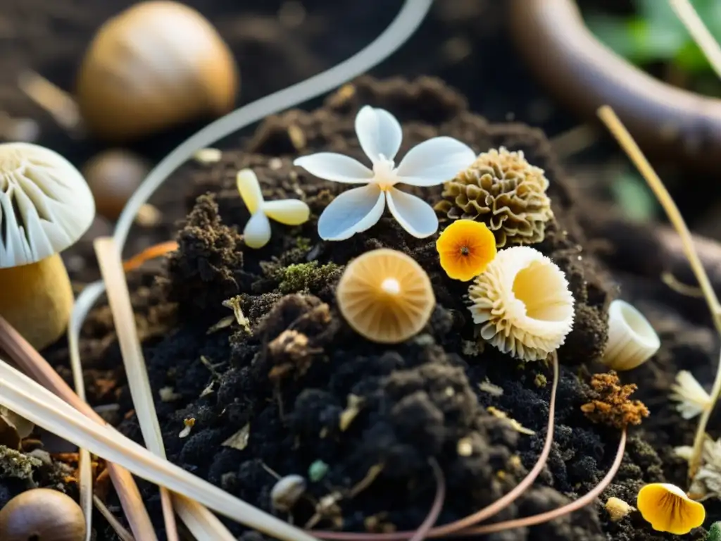 Detalle del compost con materiales orgánicos en descomposición, mostrando el proceso natural y la reducción de emisiones