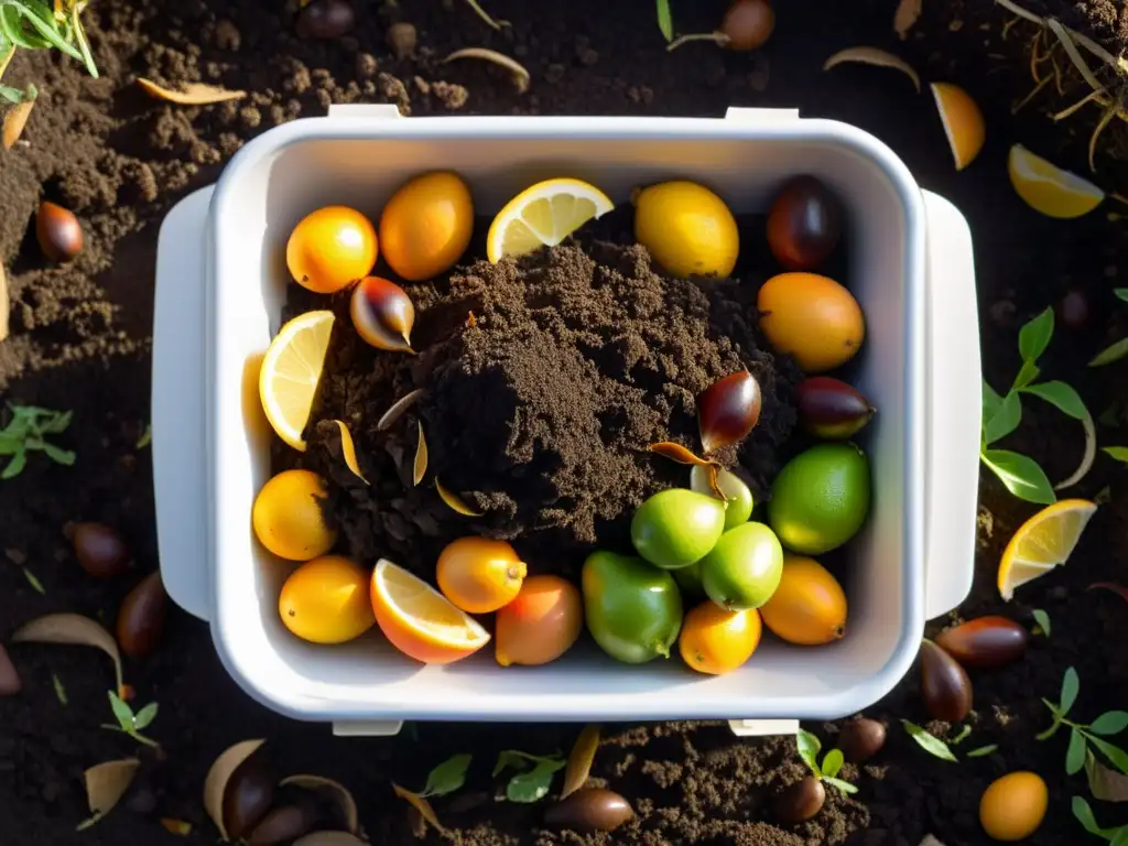 Detalle de un compost orgánico con desechos naturales y lombrices, creando fertilizantes caseros orgánicos