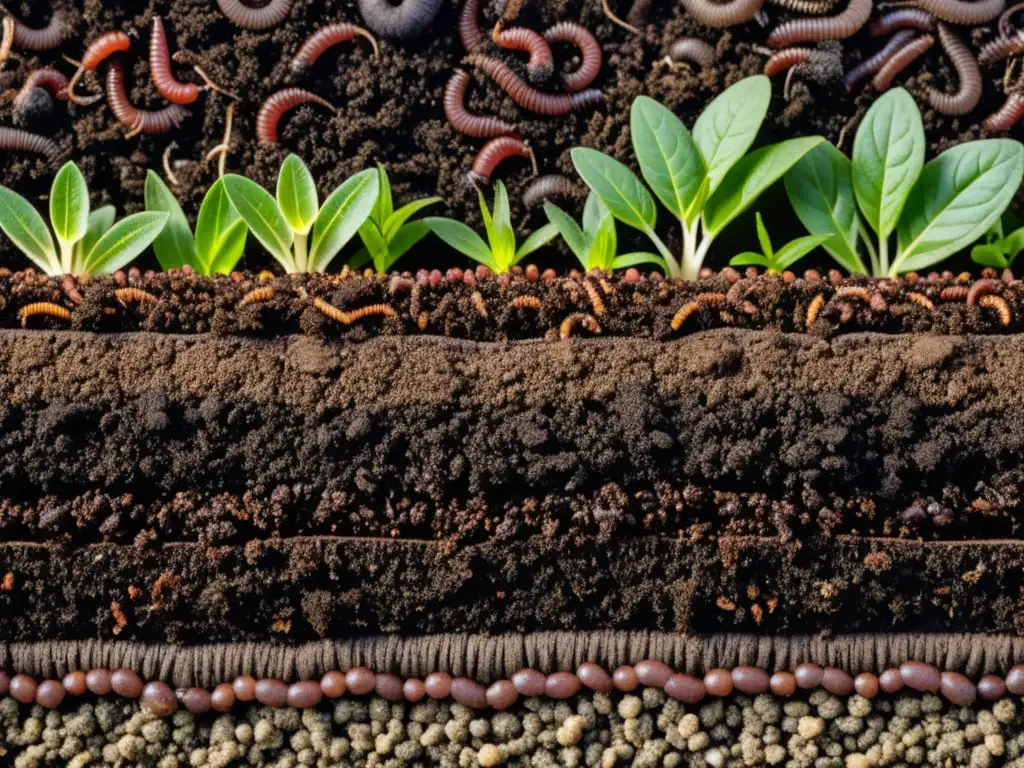 Detalle del compost orgánico enriquecido, con lombrices y microorganismos beneficiosos, mostrando la belleza natural de la mejora del suelo