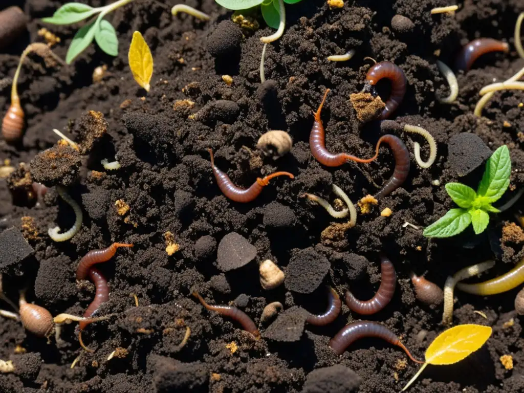 Detalle de compost orgánico enriquecido con lombrices y microorganismos beneficiosos, vitalidad y fertilidad para mejorar el suelo