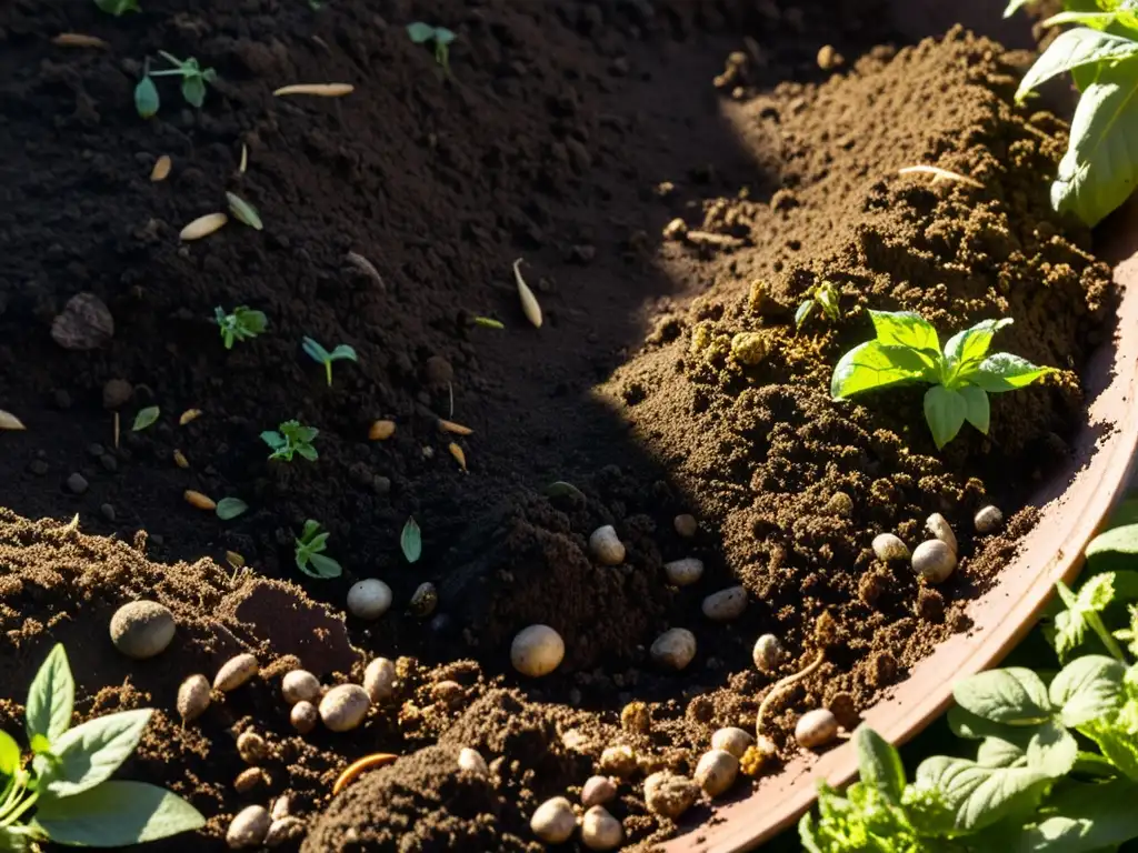 Detalle de compost oscuro enriqueciendo un lecho de jardín, mostrando la belleza natural del suelo