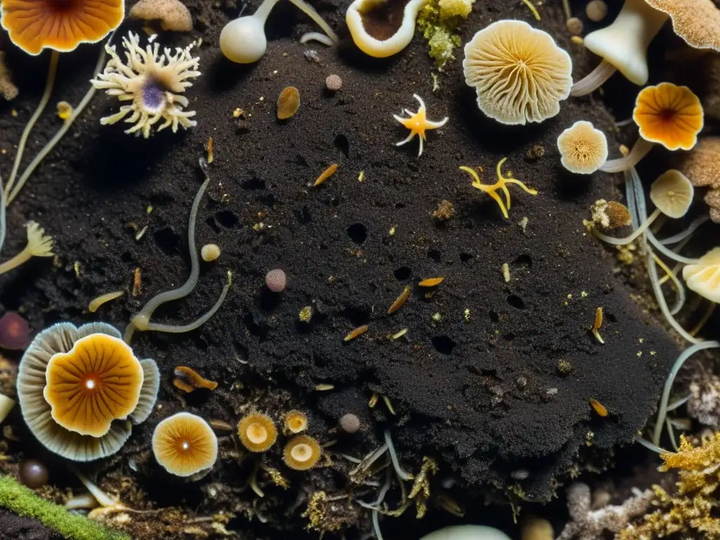 Detalle de compost oscuro, rebosante de biodiversidad con hongos y bacterias, destacando beneficios del compostaje en el suelo