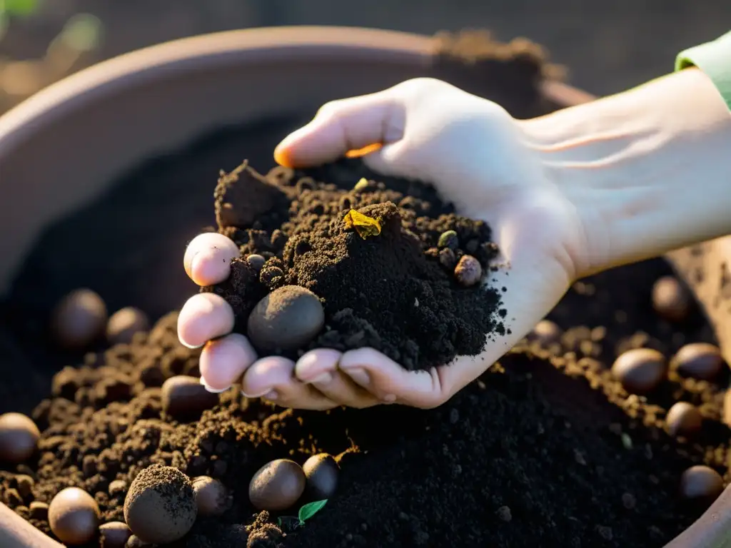 Detalle de compost oscuro en suelo compacto, mostrando los beneficios del compostaje en suelos compactos con su rica textura y colores terrosos