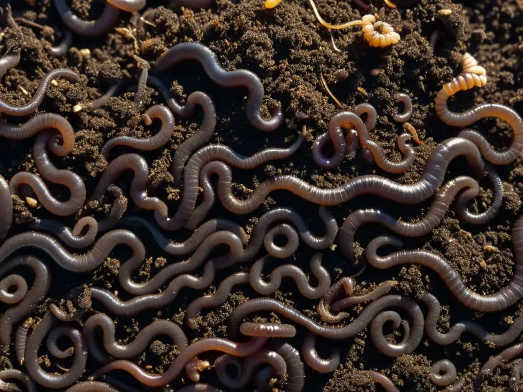 Detalle de compost rico en minerales con lombrices trabajando la tierra, iluminado suavemente