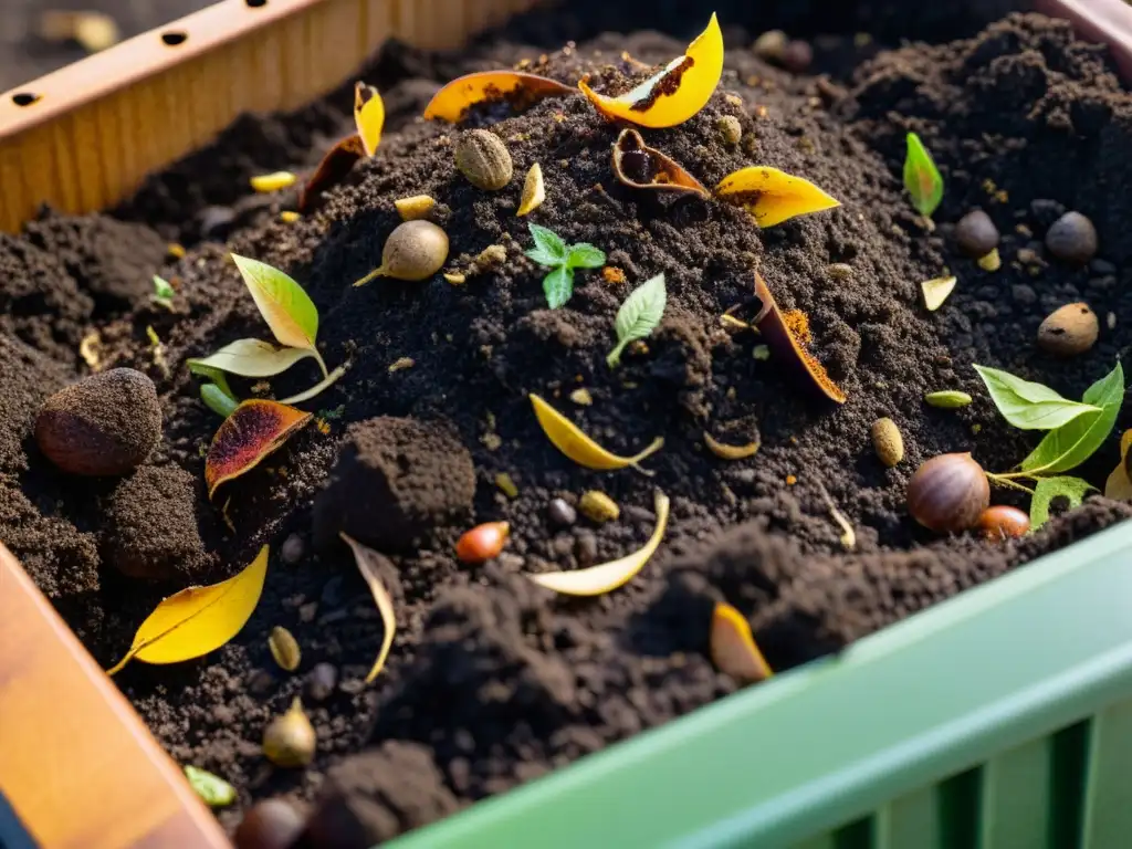 Detalle de un compostador rebosante de compost oscuro y rico, con materia orgánica en descomposición, como cáscaras de fruta, posos de café y hojas