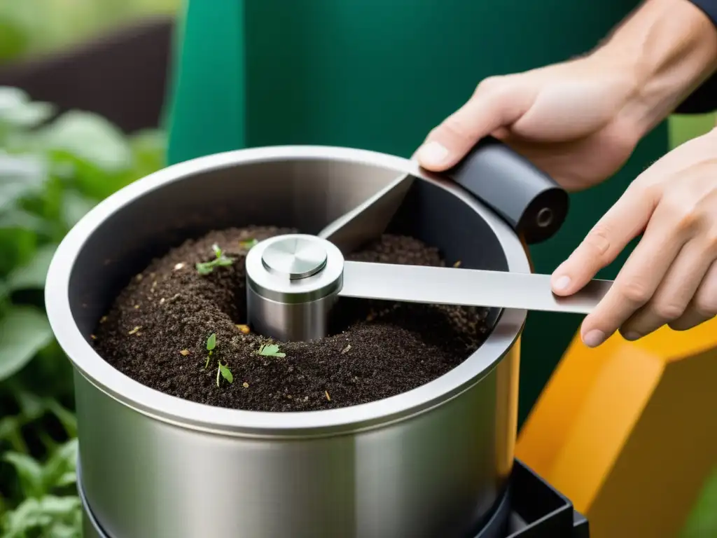 Detalle de grinder de compostaje en acero inoxidable, creando compost fino