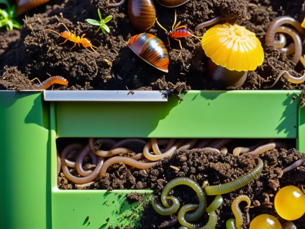 Detalle de compostaje doméstico, con tierra oscura, descomposición orgánica, lombrices e insectos