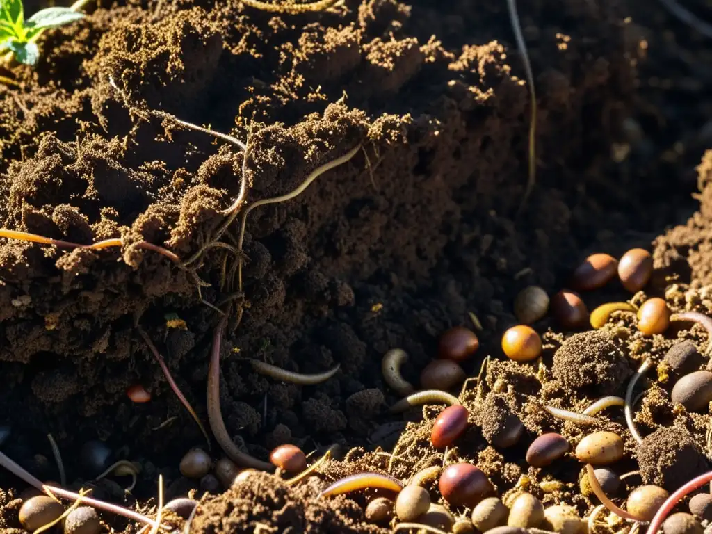 Detalle de un compostaje para reducir emisiones, con textura rica y capas de materia orgánica en descomposición, resaltado por la luz solar