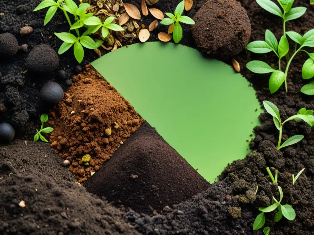 Detalle de compostaje equilibrado carbono nitrógeno, mostrando capas de materia orgánica verde y marrón en armonía para crear un compost saludable