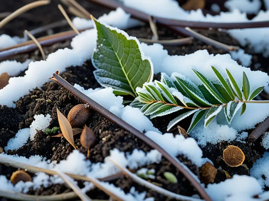 Detalle de compostaje invernal con mejores técnicas compostaje clima frío, materia orgánica congelada y nieve