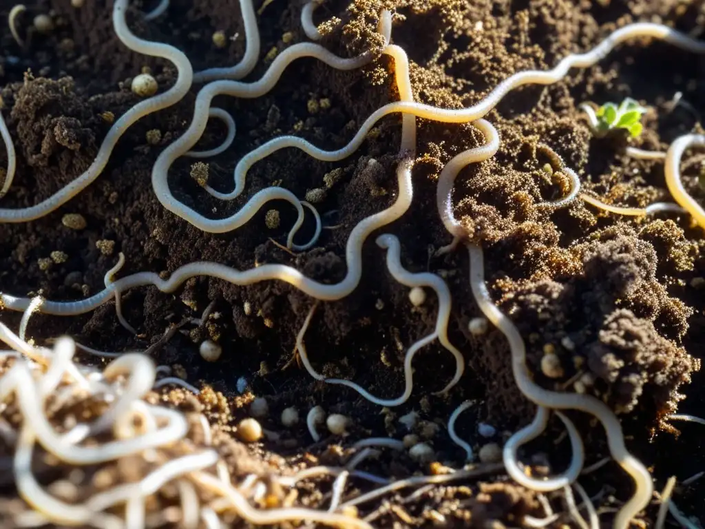 Detalle del compostaje para jardinería orgánica: tierra oscura, materia orgánica descompuesta, lombrices, y micelio blanco entrelazado