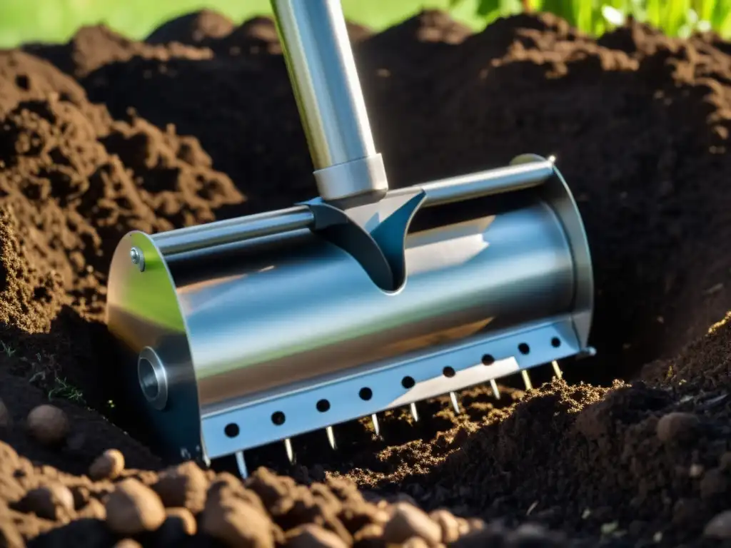 Detalle de una elegante horca de acero inoxidable para airear compost, sumergiéndose en tierra oscura y rica