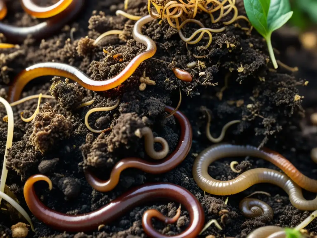 Detalle exquisito de compost en descomposición, con lombrices y red de vida