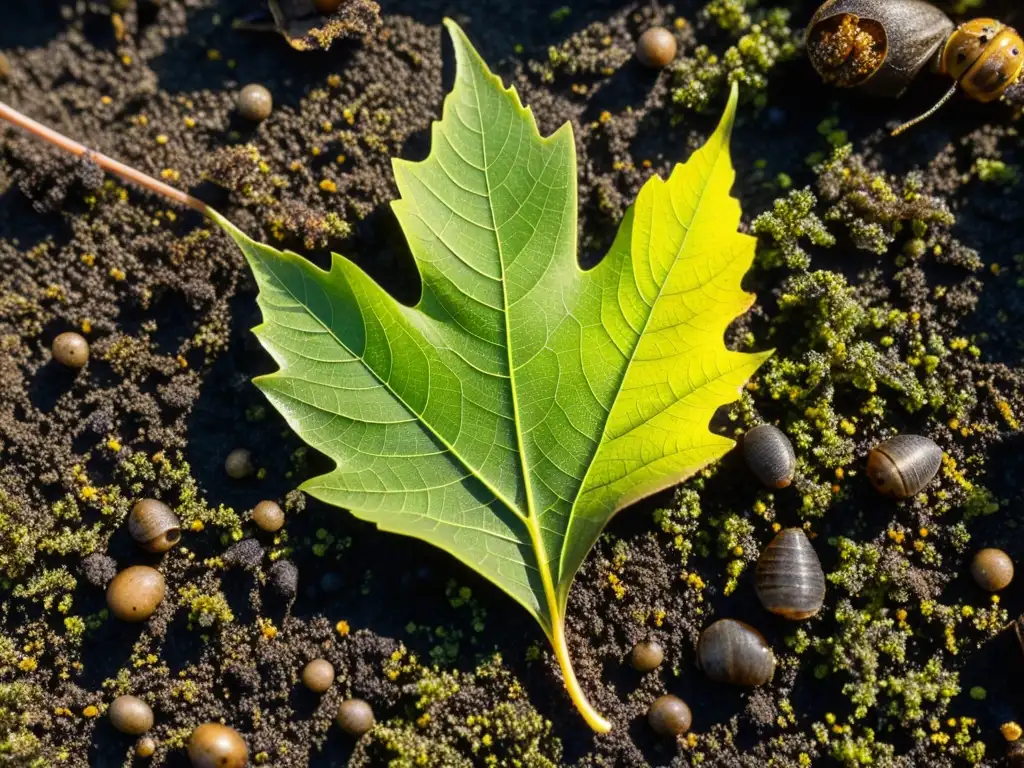 Detalle de hoja en descomposición en el suelo del bosque, mostrando el ciclo materia orgánica en ecosistemas con insectos y microorganismos