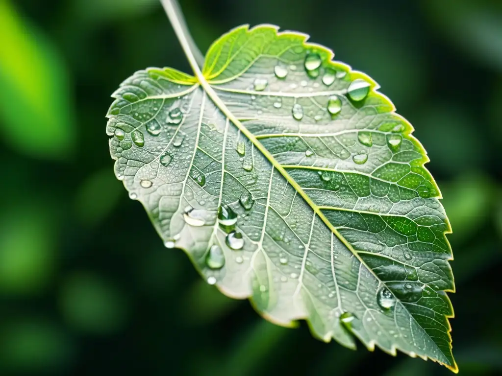 Detalle de una hoja verde exuberante con gotas de agua, simbolizando marcas sostenibles líderes en verde