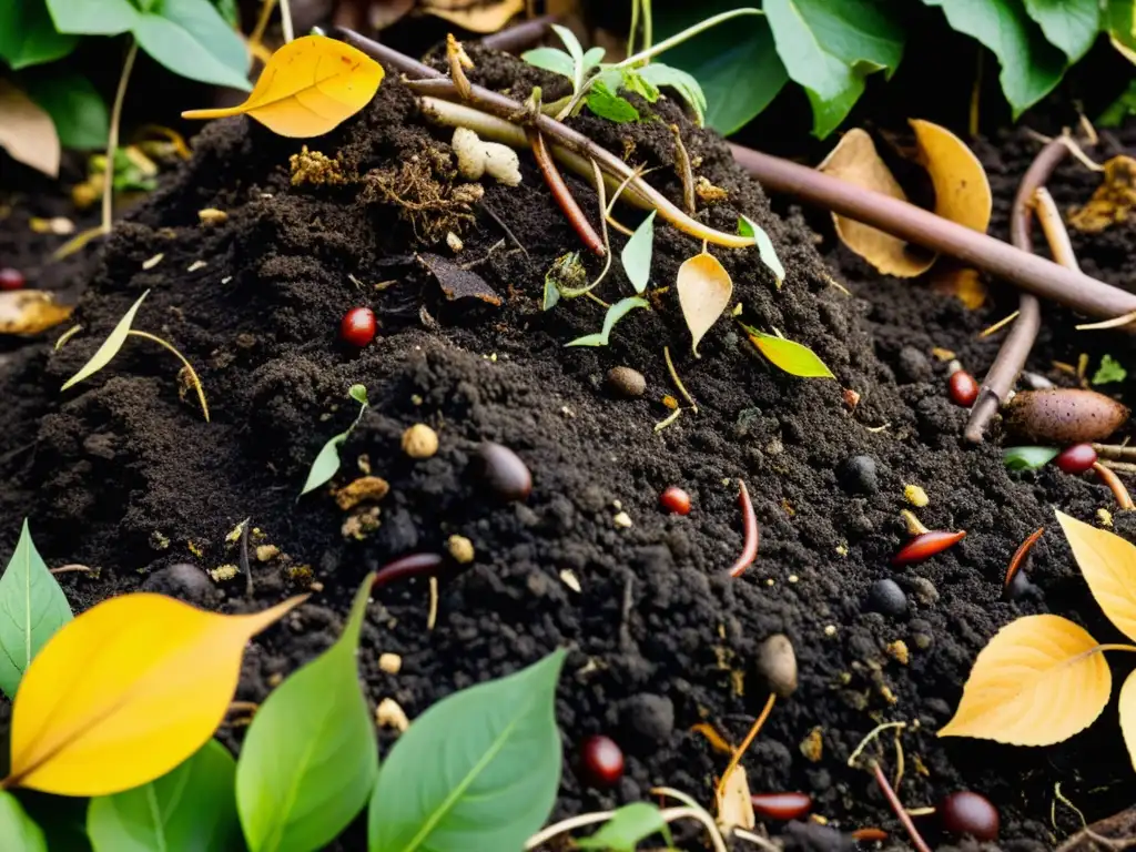 Detalle impactante de la descomposición y compostaje en acción, con capas de materia orgánica y colores ricos