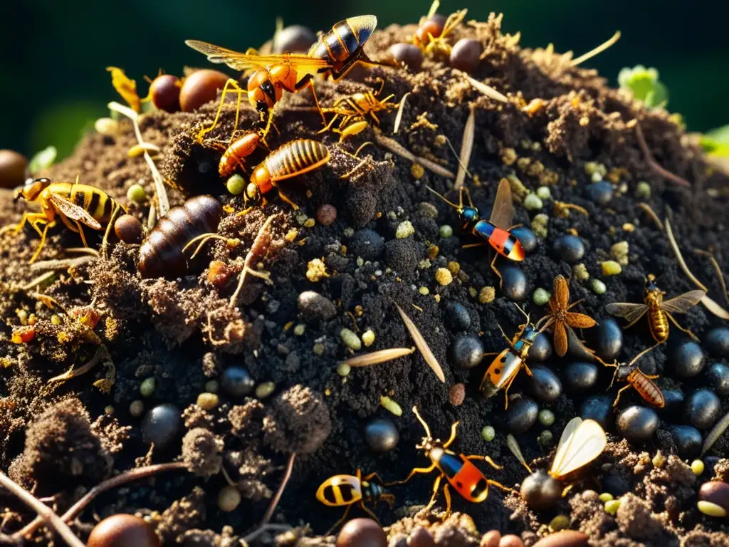 Detalle impactante de descomposición orgánica en compostaje, con vida microscópica y ricos tonos terrosos