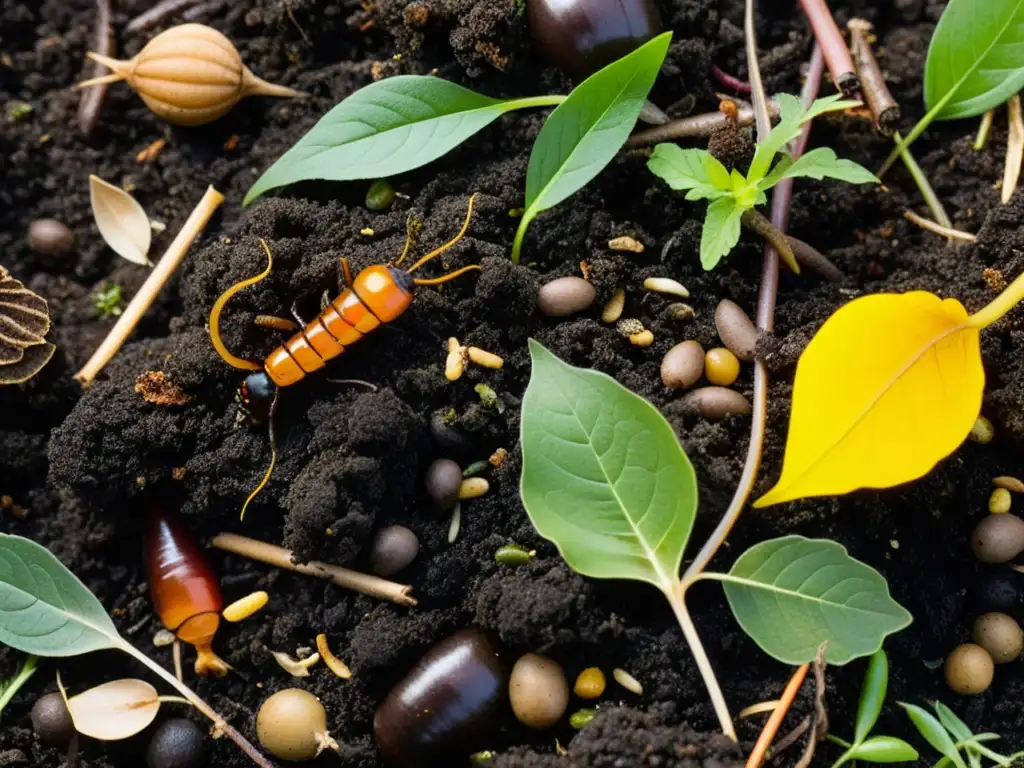 Detalle impresionante de compostaje, con materiales orgánicos descomponiéndose en compost oscuro y rico