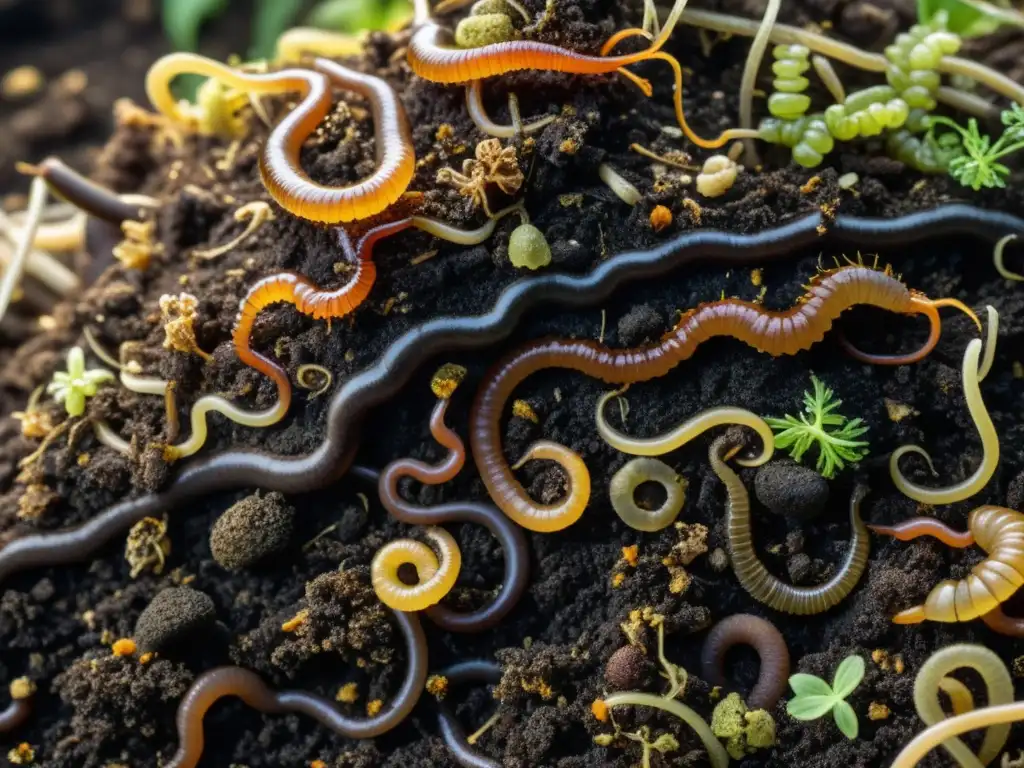 Detalle impresionante de compostaje, con organismos vivos y procesos naturales, revelando problemas en la descomposición del compost