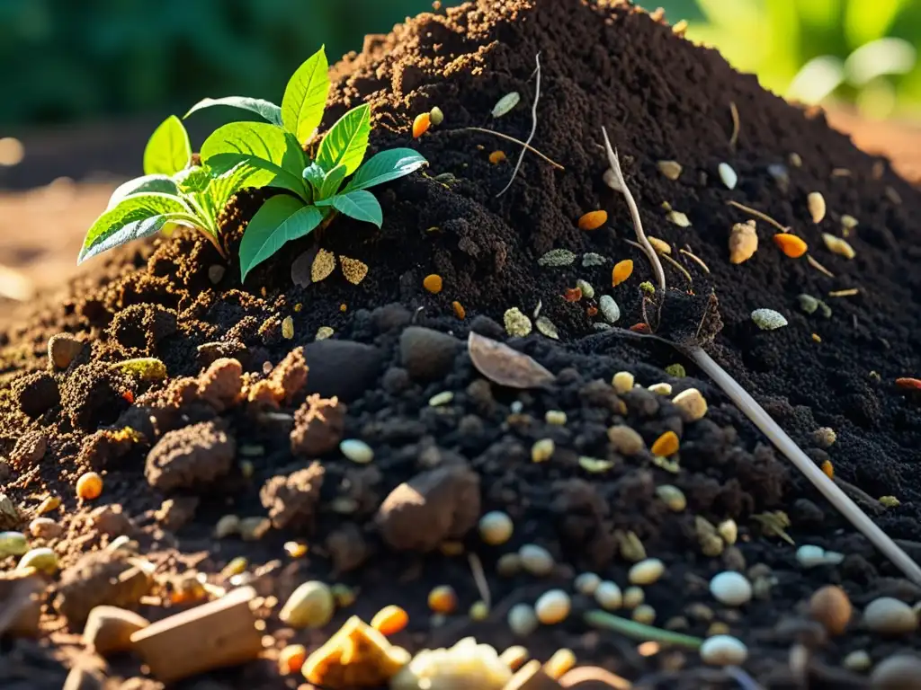 Compostaje: Ecosistema en Detalle Detalle impresionante de la integración de prácticas sostenibles en un montón de compost, resaltando el rico ecosistema en descomposición