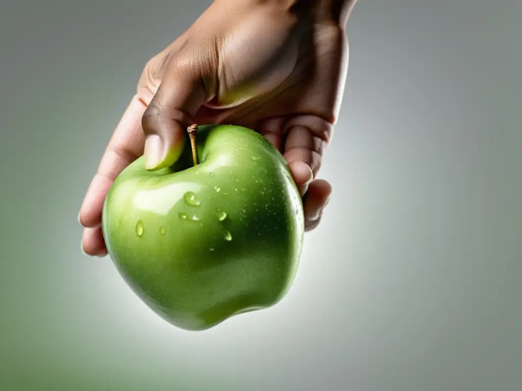 Detalle impresionante de una mano sosteniendo una manzana verde fresca en un fondo blanco