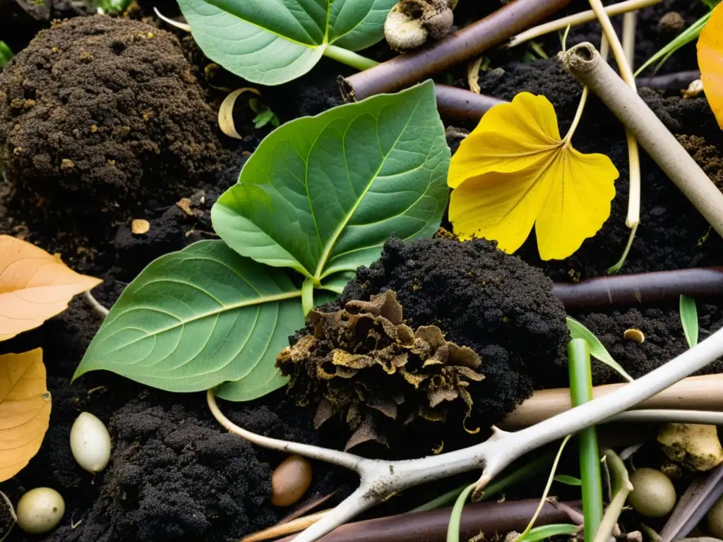 Detalle impresionante de un montón de compost, mostrando capas de materiales orgánicos en descomposición