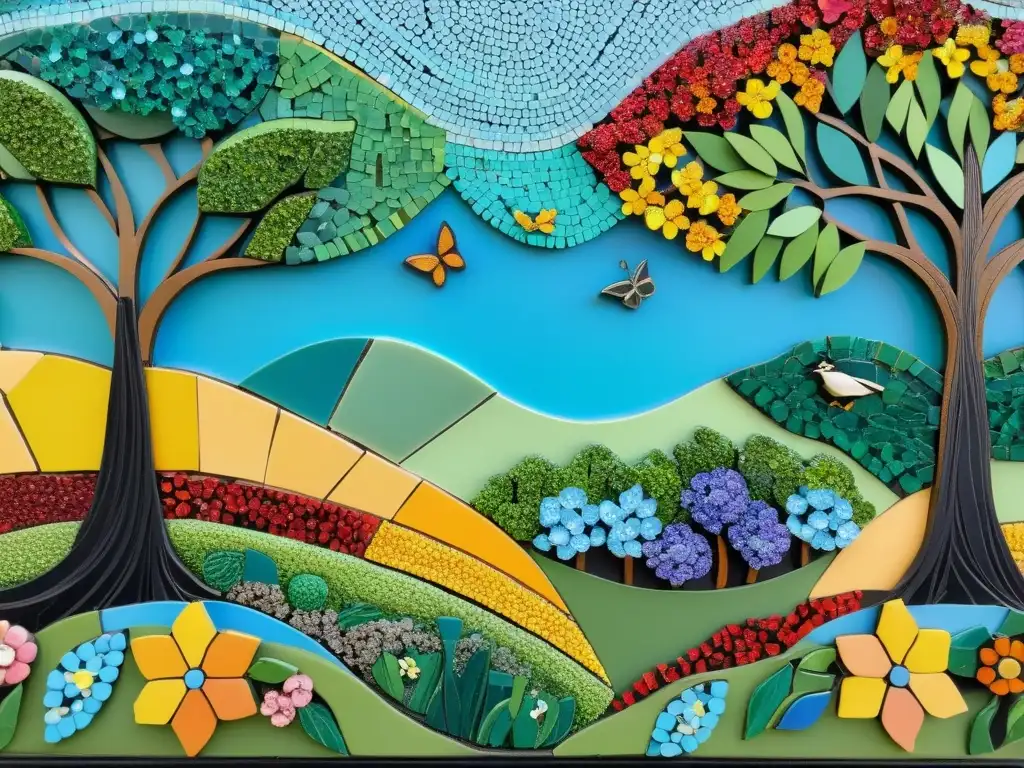 Detalle de un impresionante mosaico de arte reciclado con escena colorida de naturaleza, ideal para proyectos creativos reciclaje arte niños